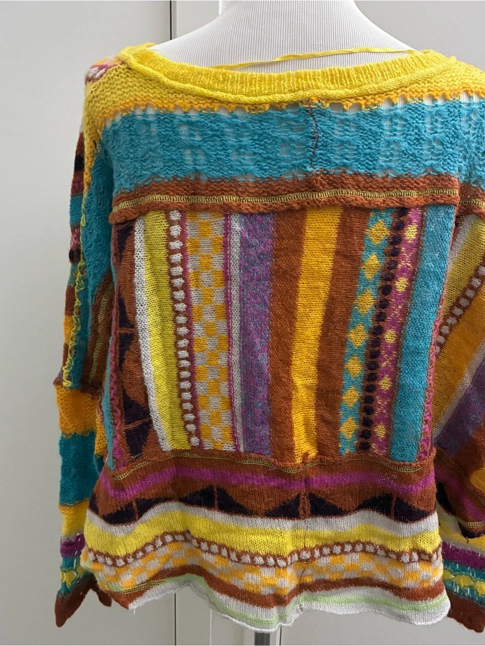 Free People Med‎ December Skies Poncho Sweater Patchwork Knit Boho Festival